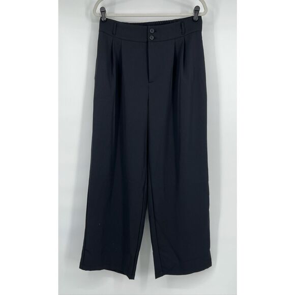 Halara High Waited Pleated Wide Leg Pants Petite Size Large Black Stretch Work - Picture 1 of 9